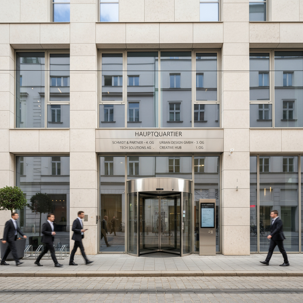 Büroeingang in Wien mit Glastüren, urbanes Umfeld