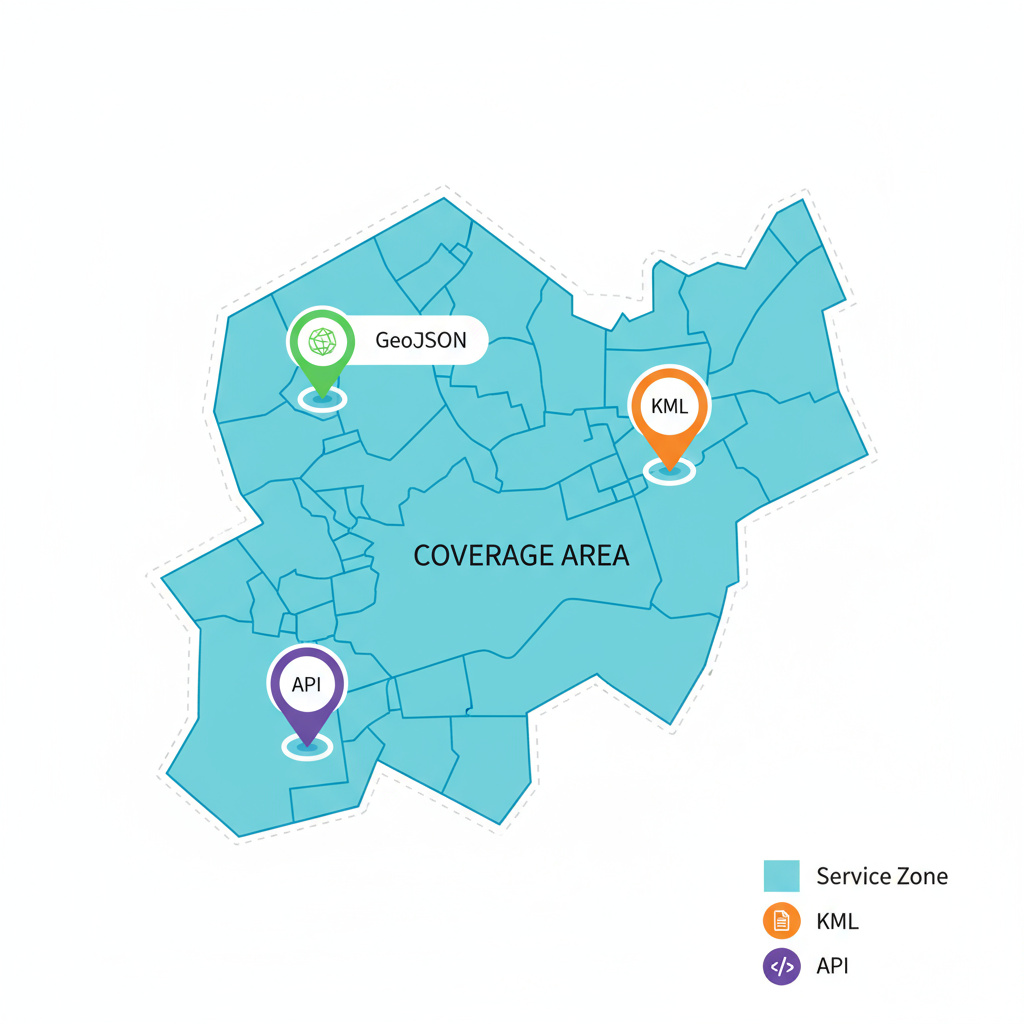 Infografik: Abdeckungsgebiet Wien & Ostösterreich mit Format-Icons (GeoJSON, KML, API)
