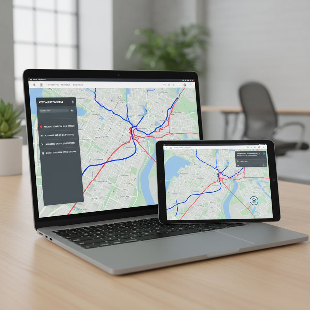 Laptop und Tablet mit kartenbasiertem Dashboard: Sperrungen, Umleitungs-Linien und Benachrichtigungen