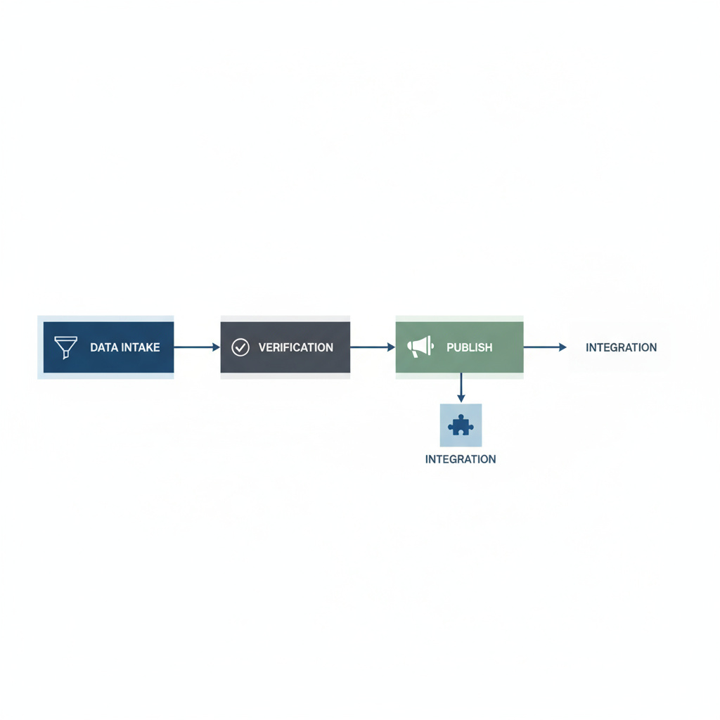 Flowchart: Intake, Prüfung, Veröffentlichung, Integration – minimalistisches professionelles Design
