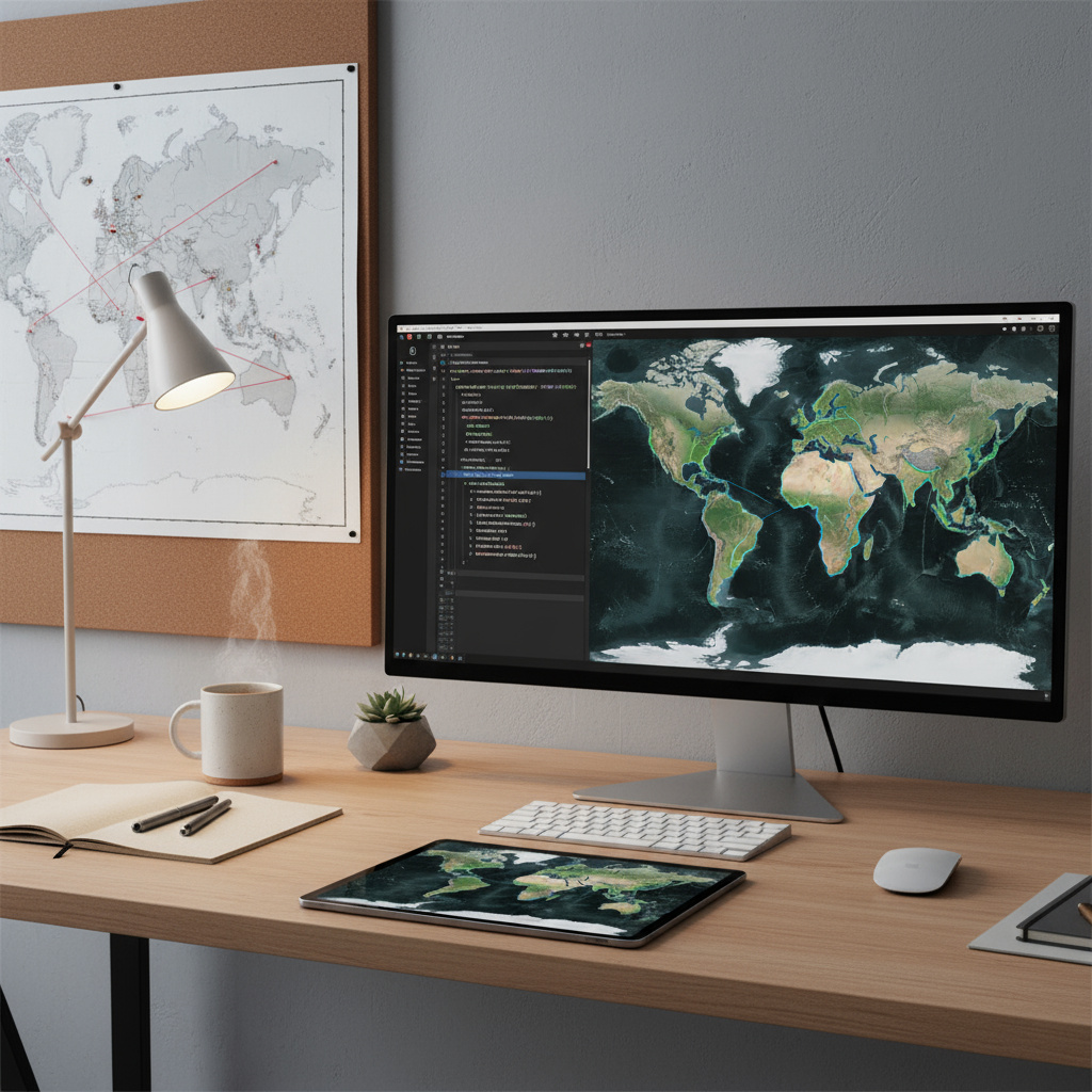 Entwickler-Arbeitsplatz mit Karte und Code-Editor, GeoJSON-API-Integration