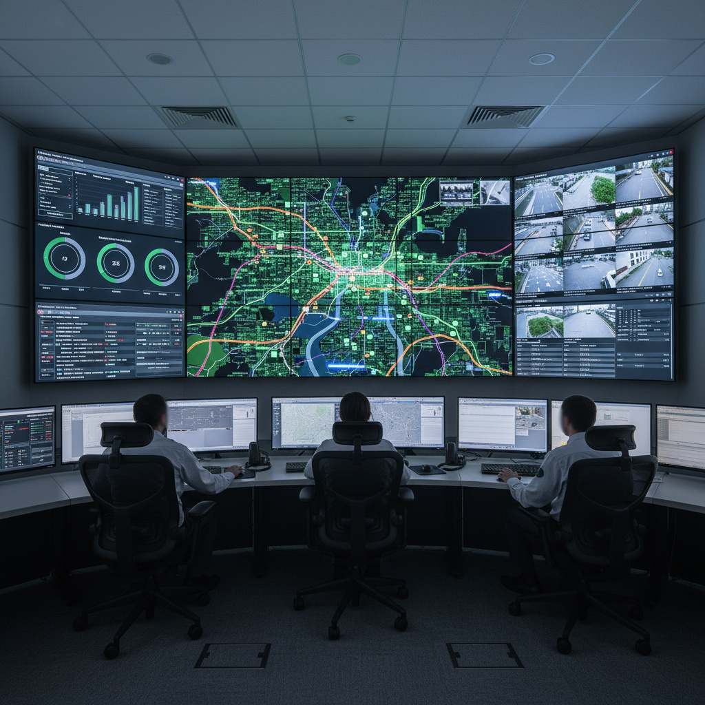 Kontrollraum mit Live-Karten, Verkehrs-Icons und Monitoring-Dashboards