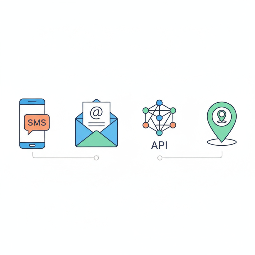 Kanäle: SMS, E‑Mail, API‑Symbol und Kartenmarker – flache Icons